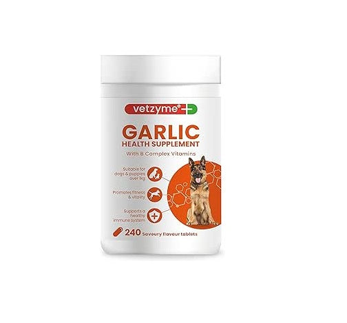 Vetzyme Garlic Health Supplement for Dogs (240 Tablets) - With B Complex Vitamins to Promote Fitness and Support a Healthy Immune System